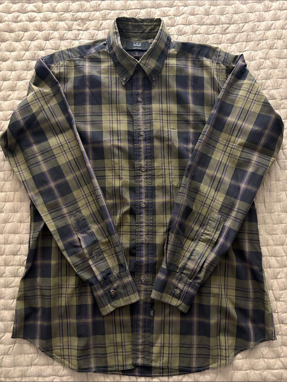 Ike Behar Olive and Navy Plaid Button-Down Shirt